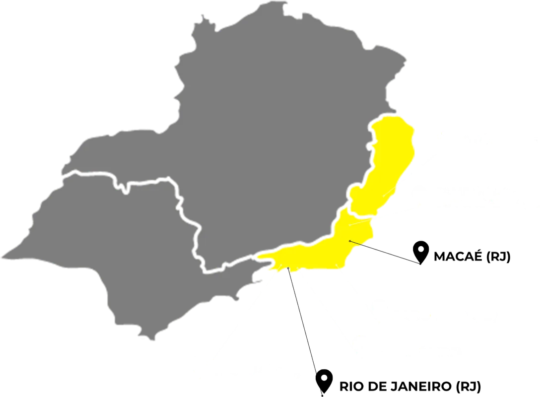 Mapa do Sudeste com as sedes em Macaé e Rio de Janeiro e as bases de apoio do Grupo Braslectra